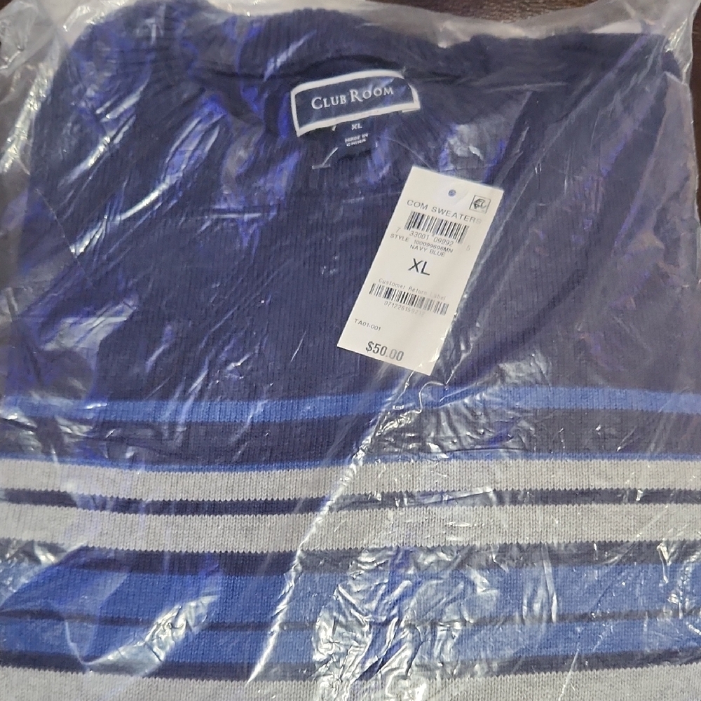 Club Room Blue and Gray Crewneck Sweater with Stripes